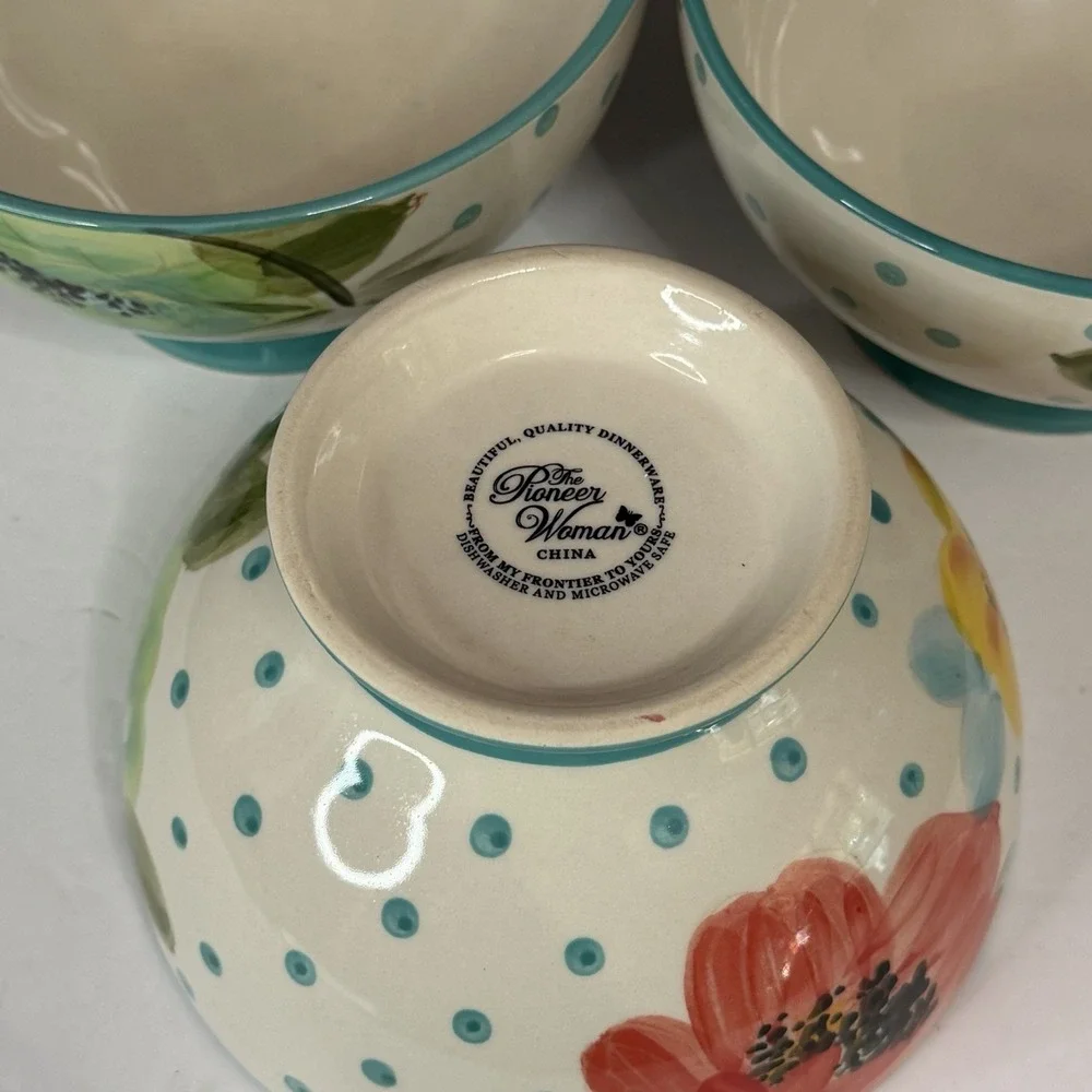 3 Pioneer Woman Bloom Dots Turquoise Footed Bowls 6